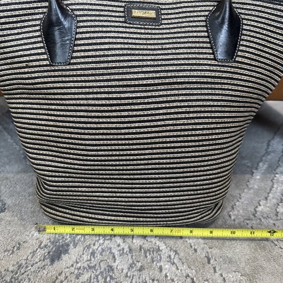 Eric Javits Stripe Black & Beige Straw Leather Tote Handbag - Picture 2 of 12